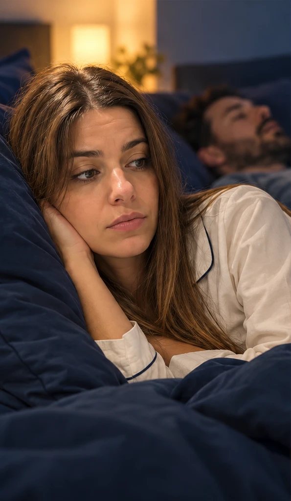 Mujer despierta en la cama mientras su pareja ronca